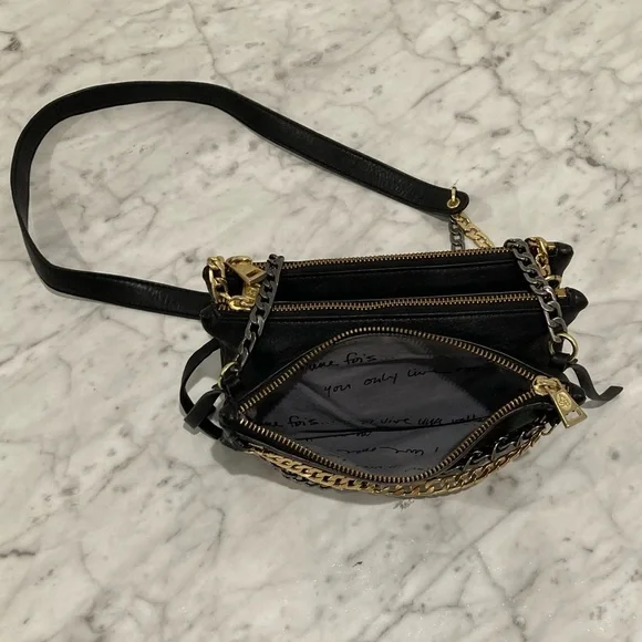 ASH Black Leather Convertible Cross Body Purse Gold Silver Chain - Picture 10 of 14